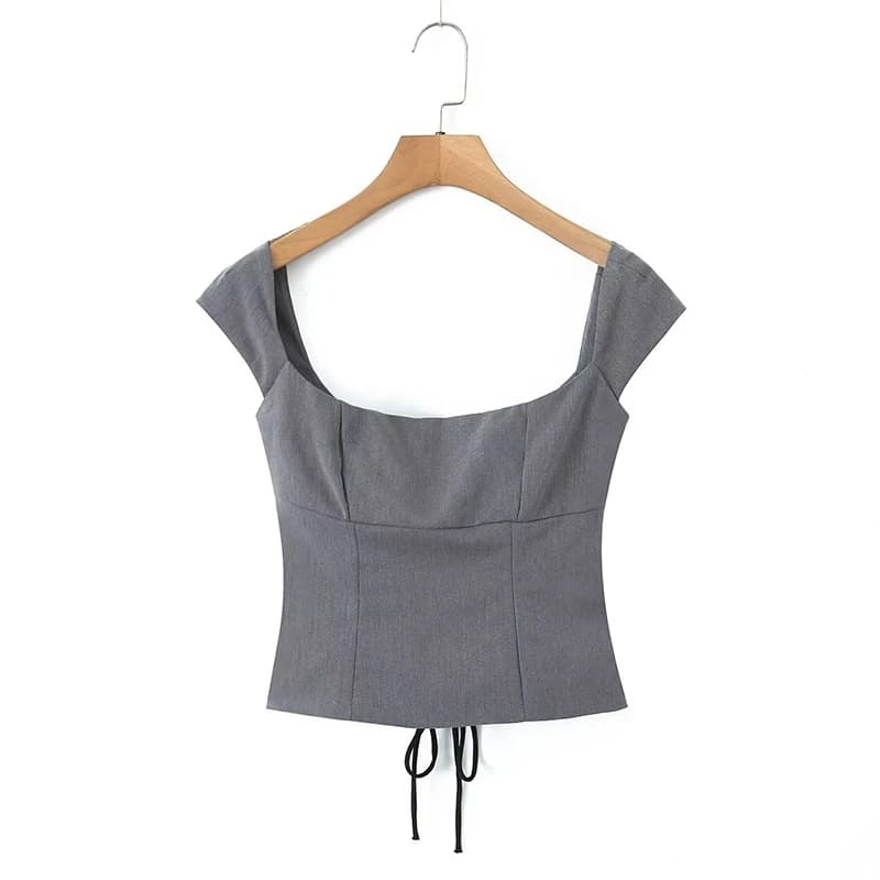 YENKYE-Haut Court à Manches Courtes et Col Carré pour Femme, Vêtement à Lacets, Bandage dans le Dos,
