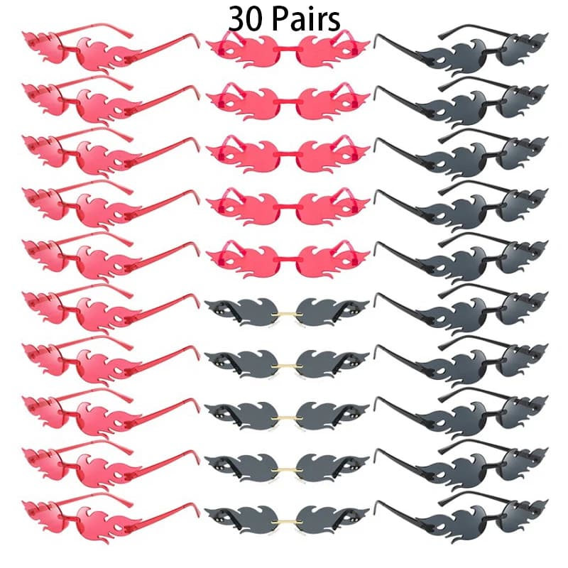 30 paires de lunettes de soleil sans monture en forme de flamme, couleur bonbon, décor de vacances à