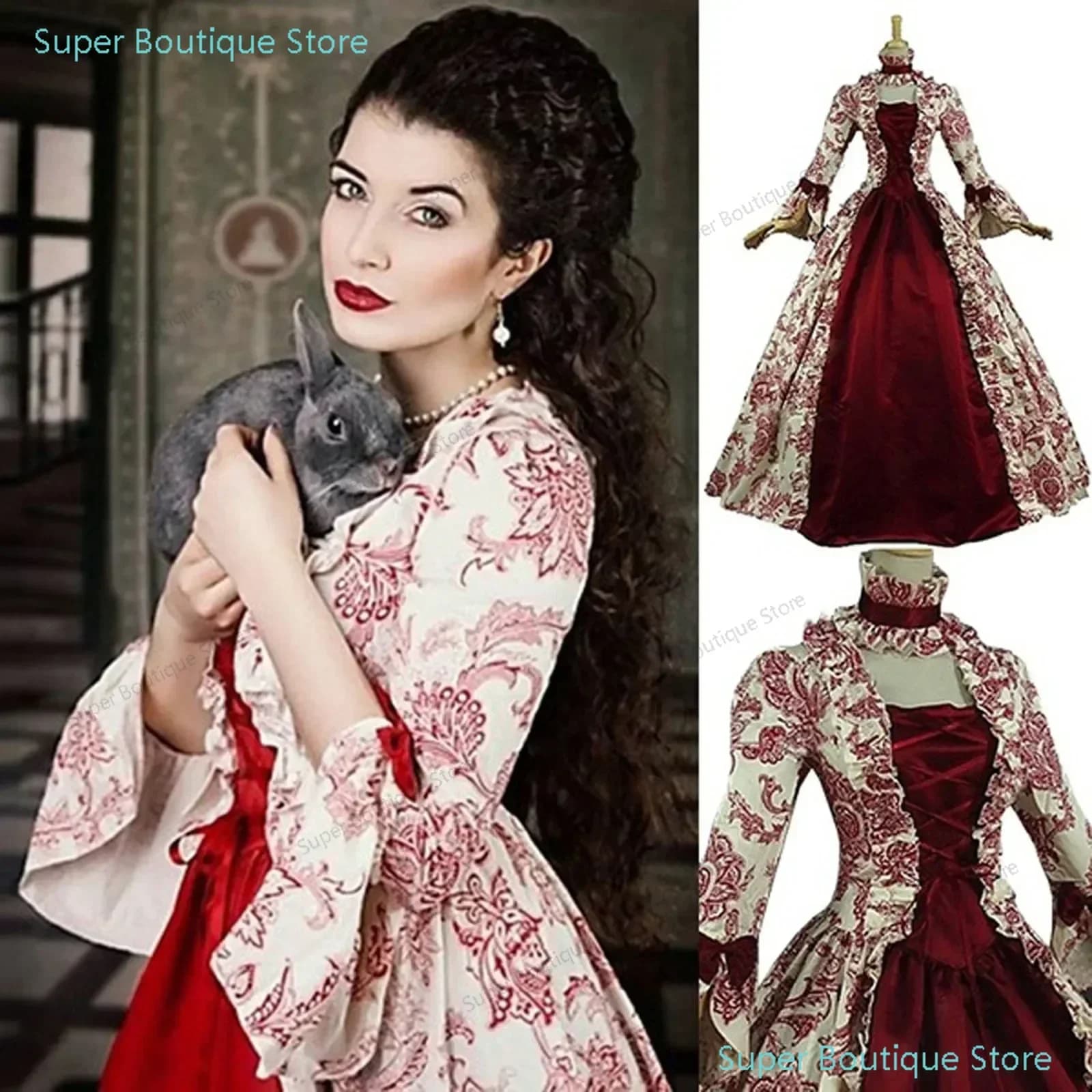 Femmes à lacets robe longue médiévale volants arc Vintage victorien carnaval Maxi Patchwork Floral f