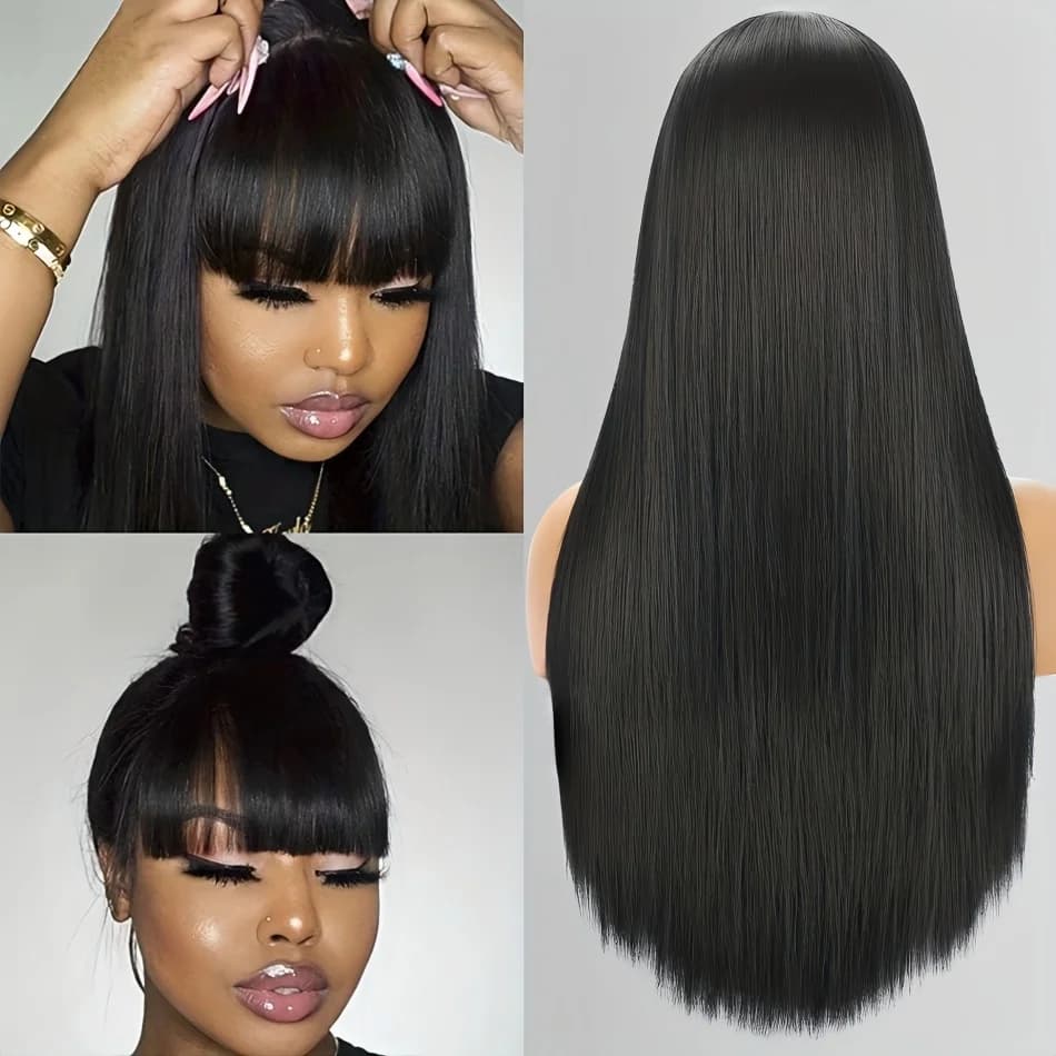 Perruque en cheveux humains lisses avec frange, densité 220, 30 pouces, brésilienne, perruques en de