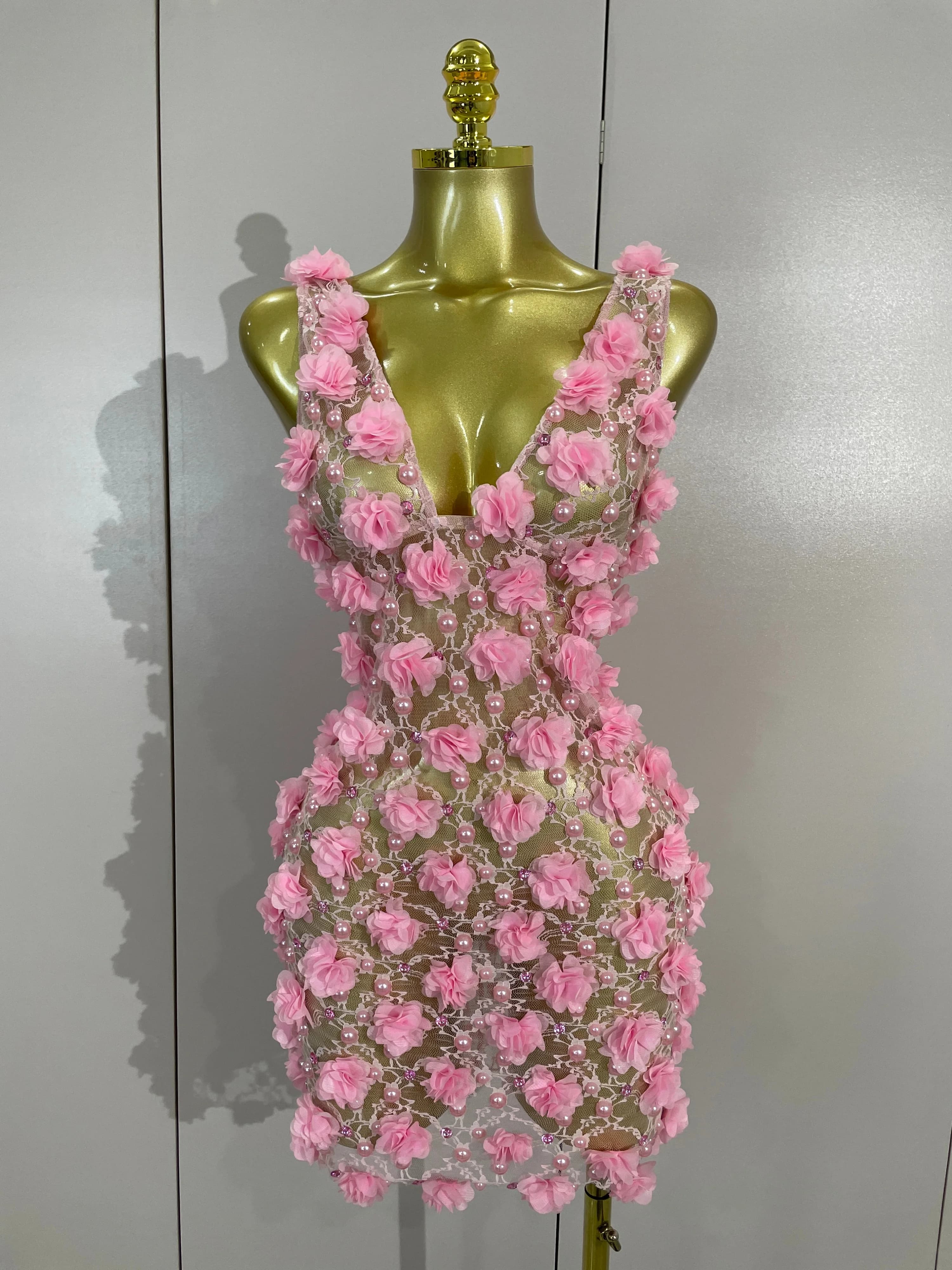 Robe de soirée pour femmes, robe de club, robe d'anniversaire, robe rose à fleurs en perles, robe en