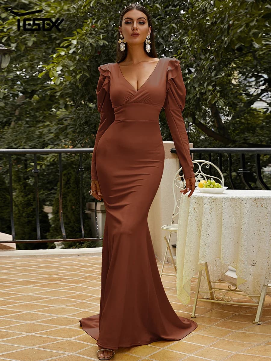 Yesexy-Robe de Rhsirène marron pour femme, manches longues bouffantes, tendance estivale, 2023