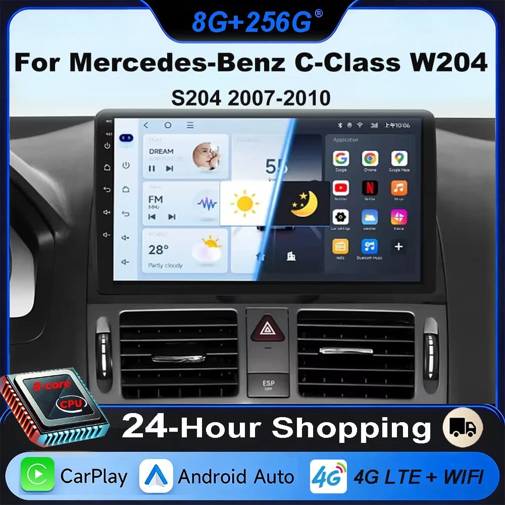 Autoradio pour mercedes-benz classe C W204 S204 2007-2010 Android Auto Player sans fil Carplay 8 cœu