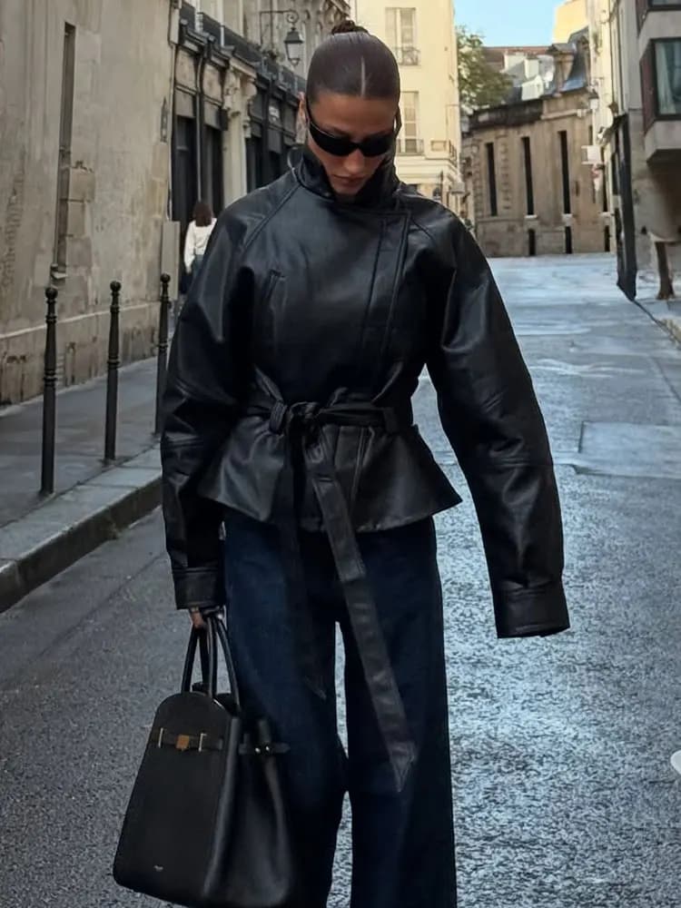 HH femmes Vintage moto veste avec ceinture Faux cuir Trench manteau à manches longues revers veste à