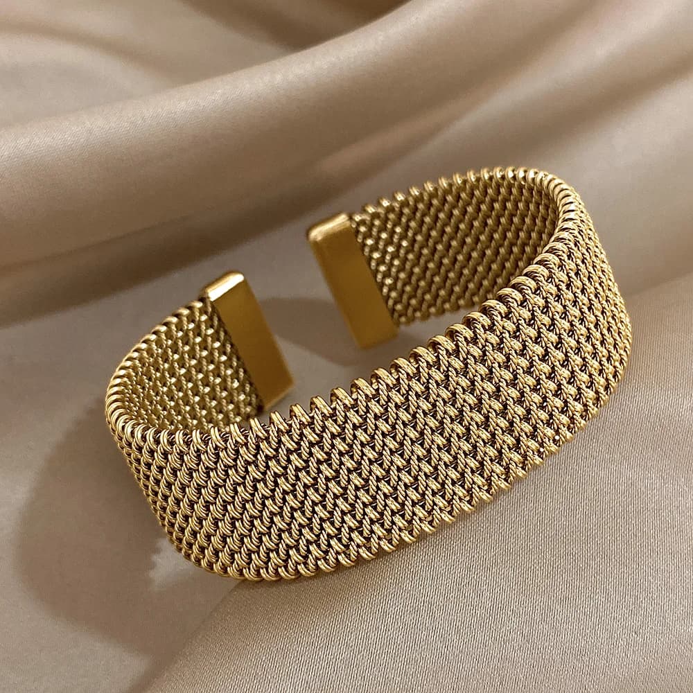 Bracelets manchette doré tissés Vintage pour femmes, élégants, tendance, en acier inoxydable, épais,