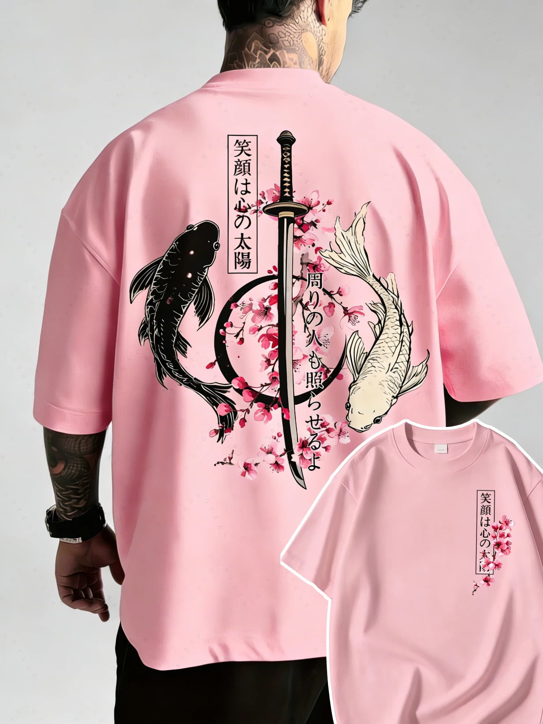 T-Shirt d'été en coton pour hommes, motif poisson Koi et épée de samouraï japonais Yin Yang, à manch