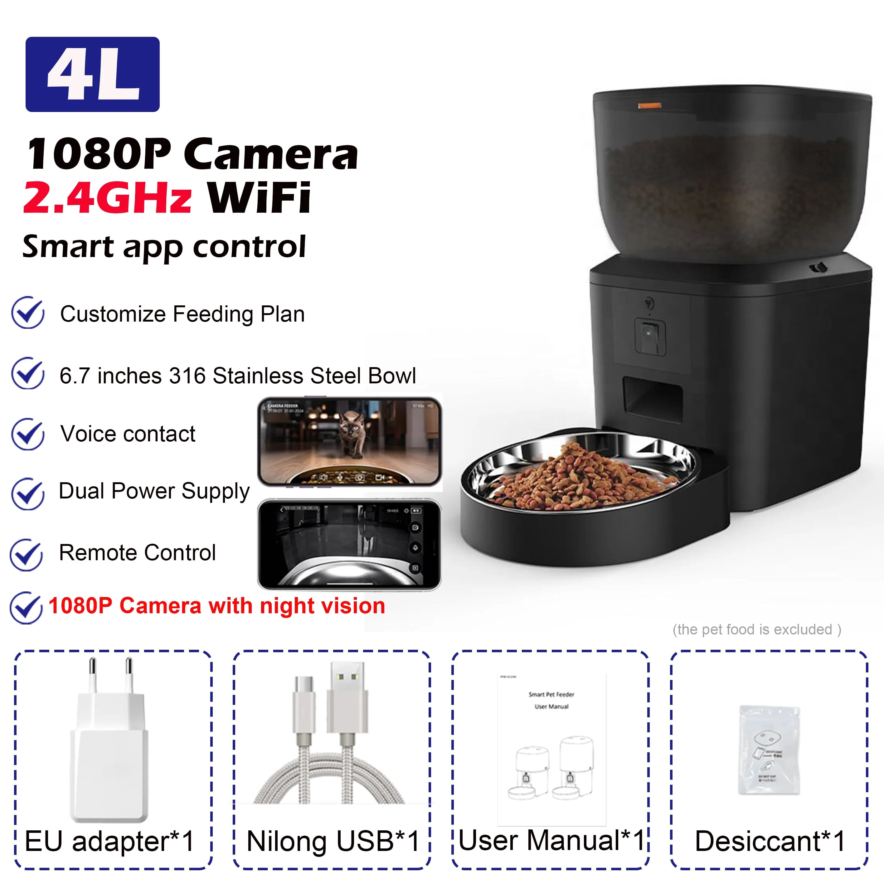 Mangeoire automatique pour chat avec caméra vidéo 1080p, distributeur de nourriture pour chat, enreg