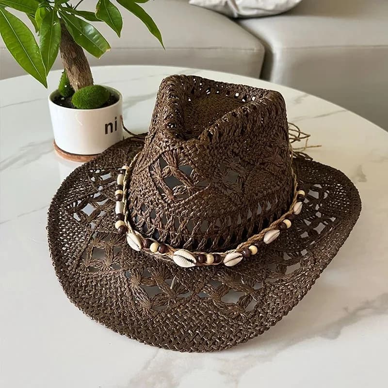 Chapeau de paille bohème d'été pour femmes et hommes, chapeaux de Cowboy de plage, perles en bois aj