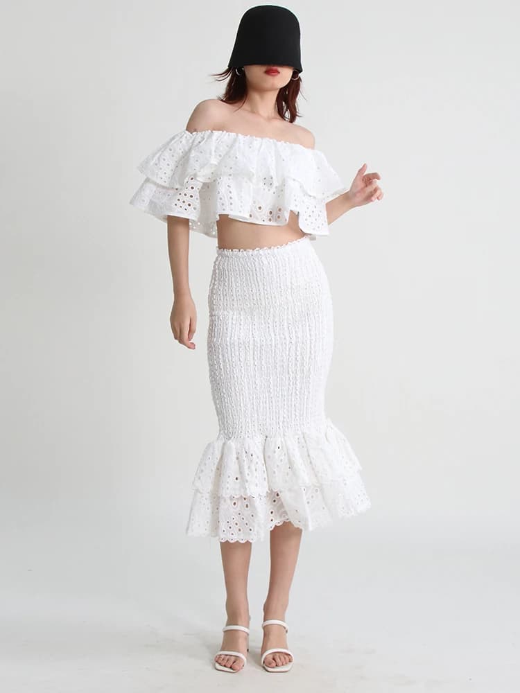 TWOTWurea-Ensemble deux pièces YLE pour femme, jupe mi-longue taille haute, col oblique, court, mode