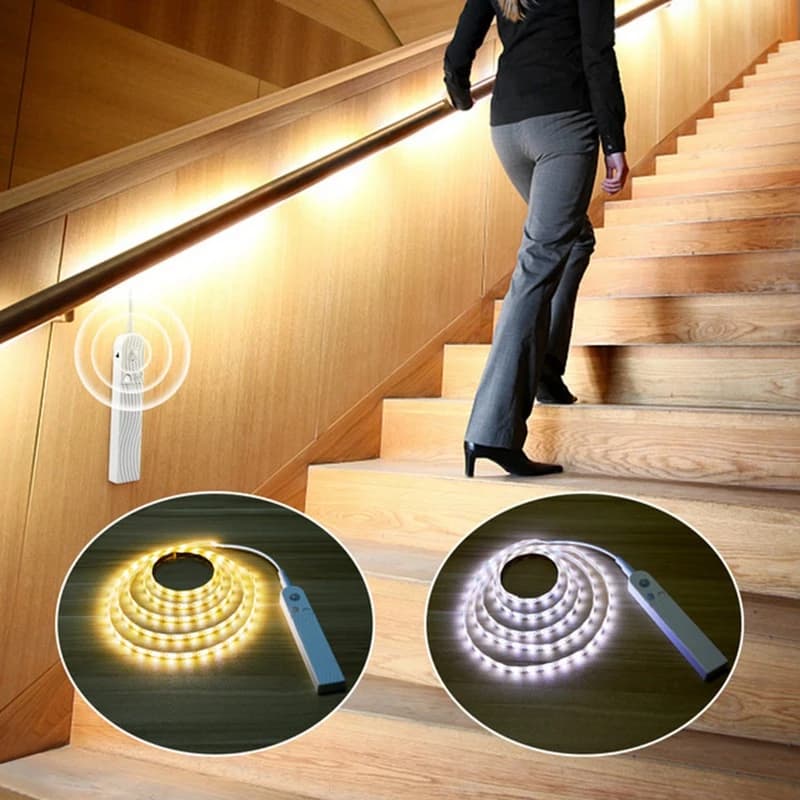 Bande lumineuse LED avec détecteur de mouvement PIR sans fil, pour armoire sous le lit, escaliers, p