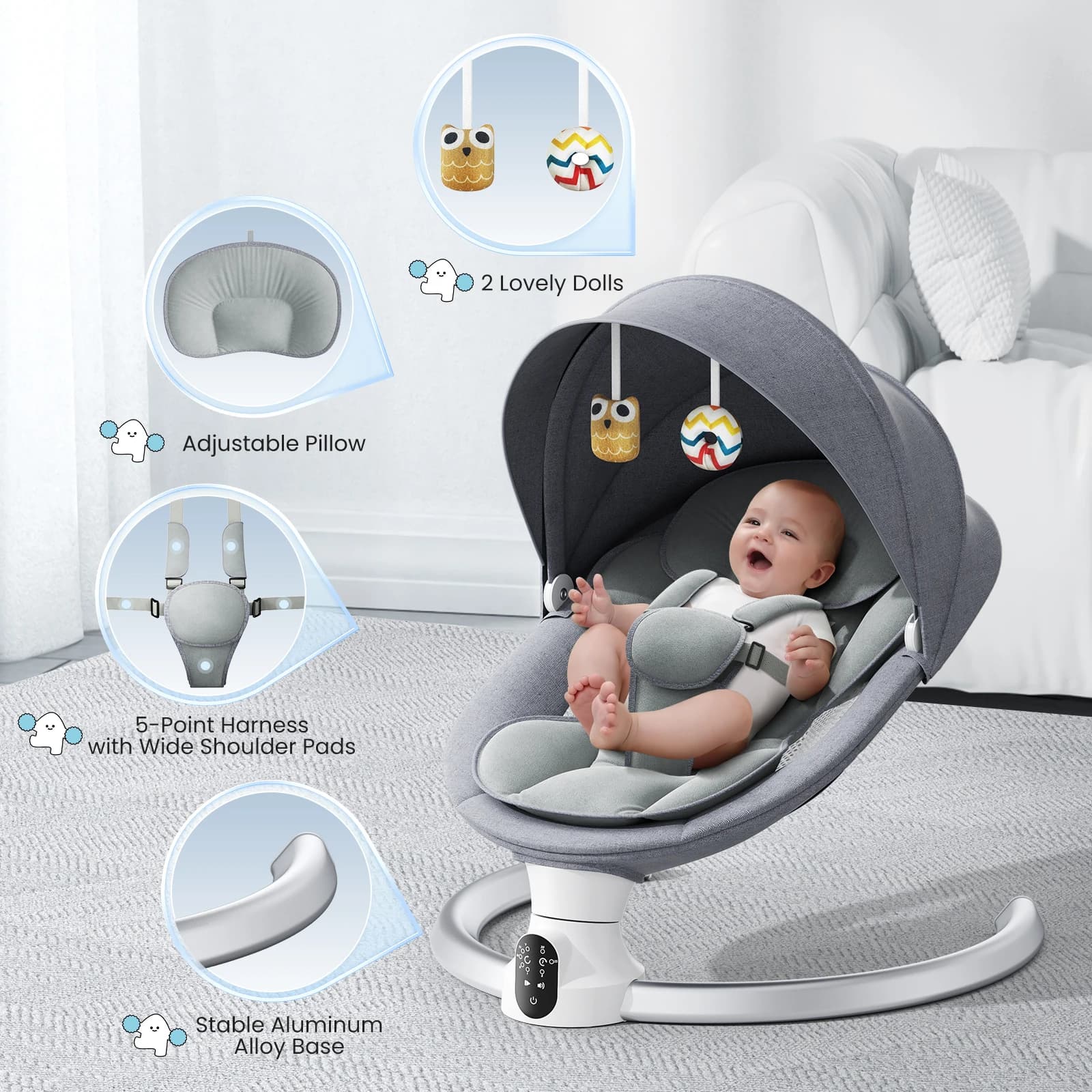 Chaise vide-bébé Bluetooth, agitateur électrique pour bébé, lave-vaisselle à 5 points, avec 5 vitess