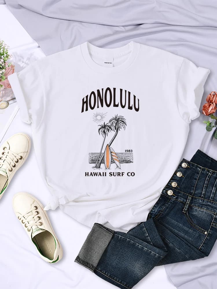 Honolulu-T-shirt manches courtes pour femme, estival et respirant, à la mode, avec imprimé hawaïen, 