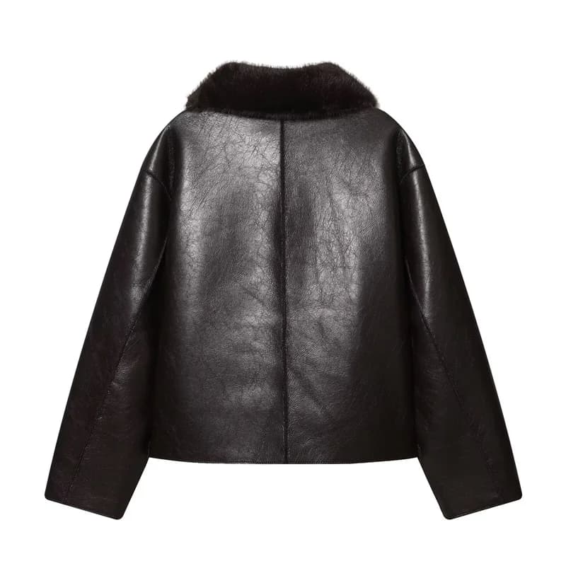 Veste femme 2025 automne/hiver nouveautés marron foncé à manches longues en simili cuir veste révers