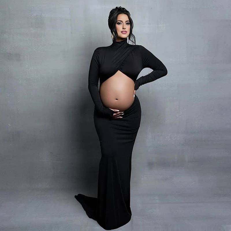 Robe de grossesse, accessoires de photographie, robe Maxi à col roulé, manches longues découpées sur