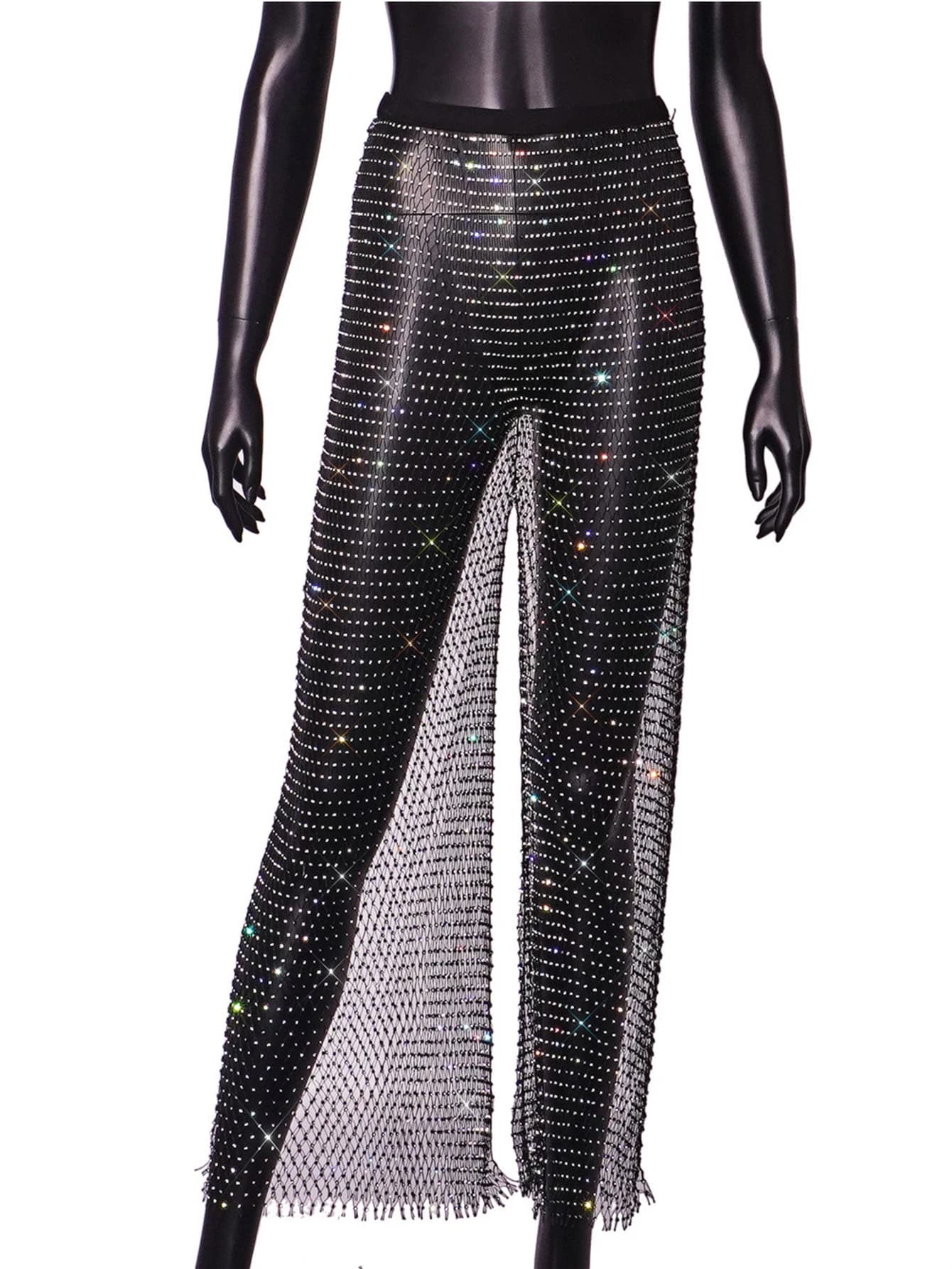 Pantalon Sexy en résille et strass pour femme, streetwear, transparent, club, fête, vintage, jambes 