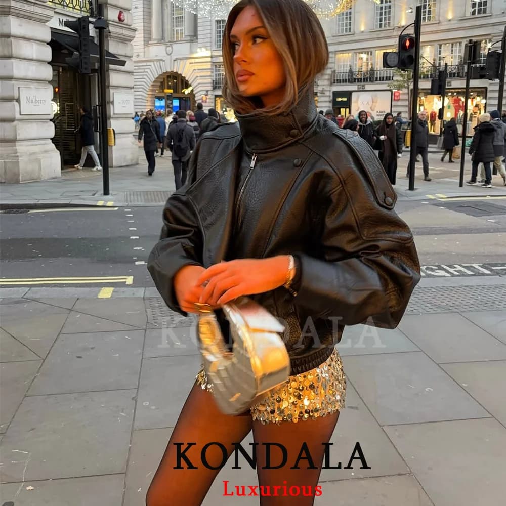 KONDALA décontracté Chic noir en cuir vestes femmes à manches longues boutons élastique surdimension