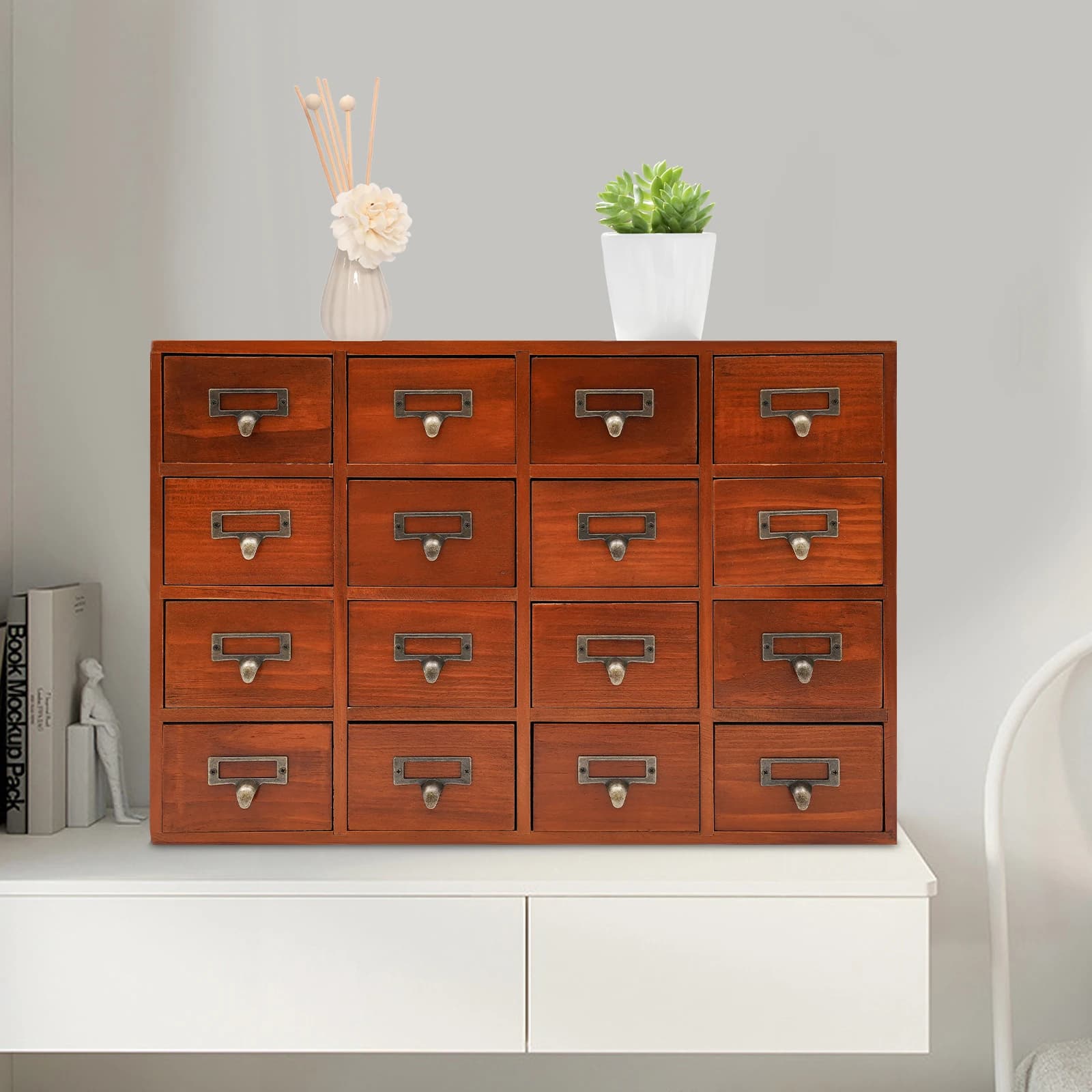 Grande boîte de rangement multifonctionnelle en bois à 16 tiroirs |   Armoire d'apothicaire vintage 