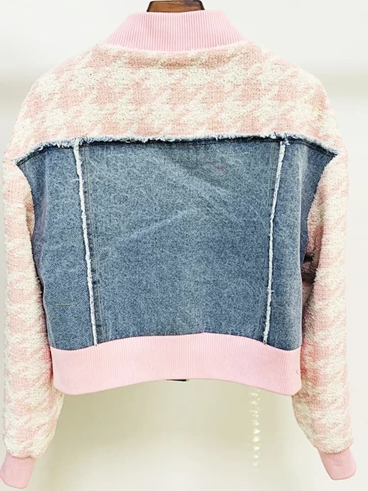 Veste en tweed à carreaux pied-de-poule avec boutons en forme de lion, patchwork en denim et franges