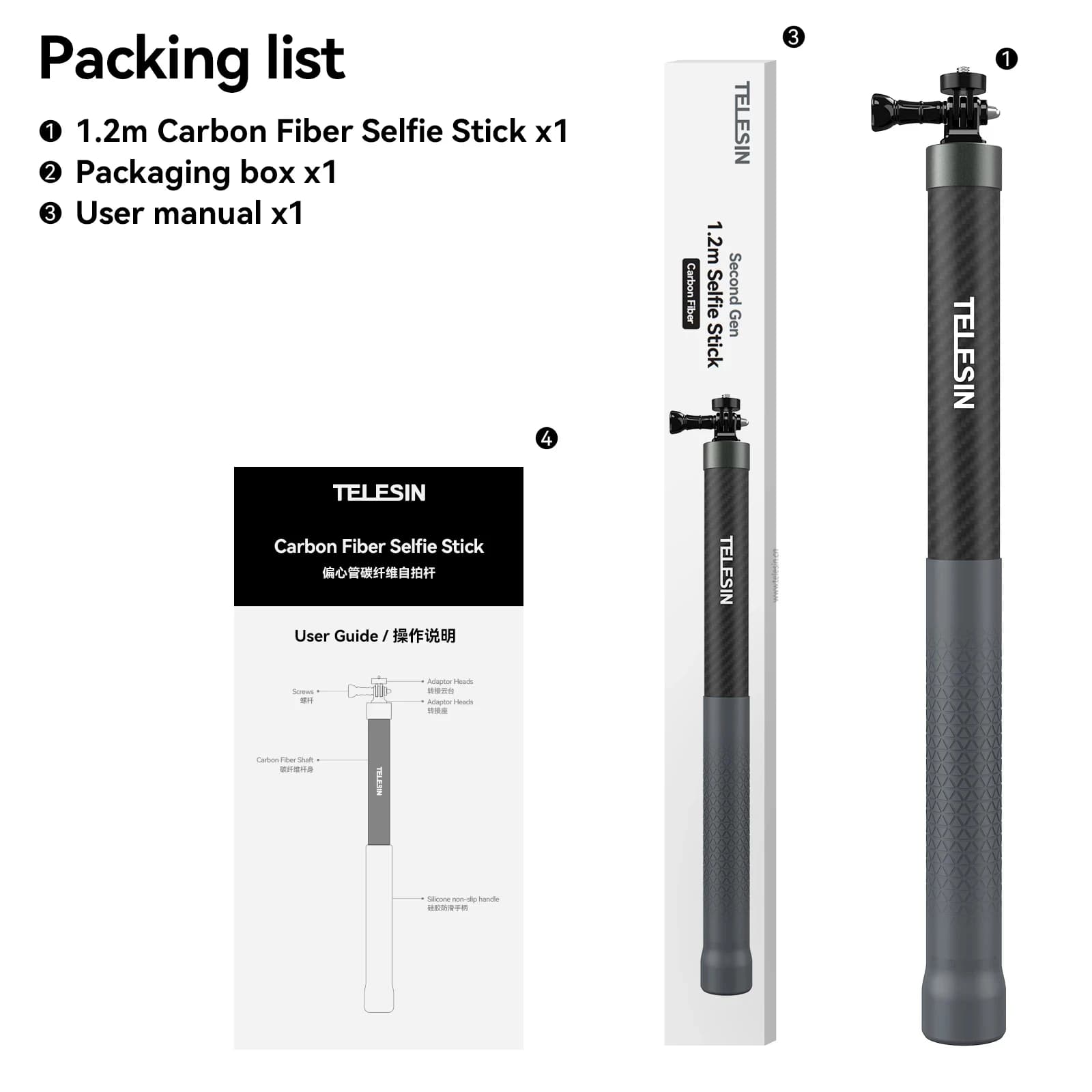 TELESIN 1.2M 3M perche à Selfie en Fiber de carbone monopode extensible avec vis 1/4 pour GoPro 13 1