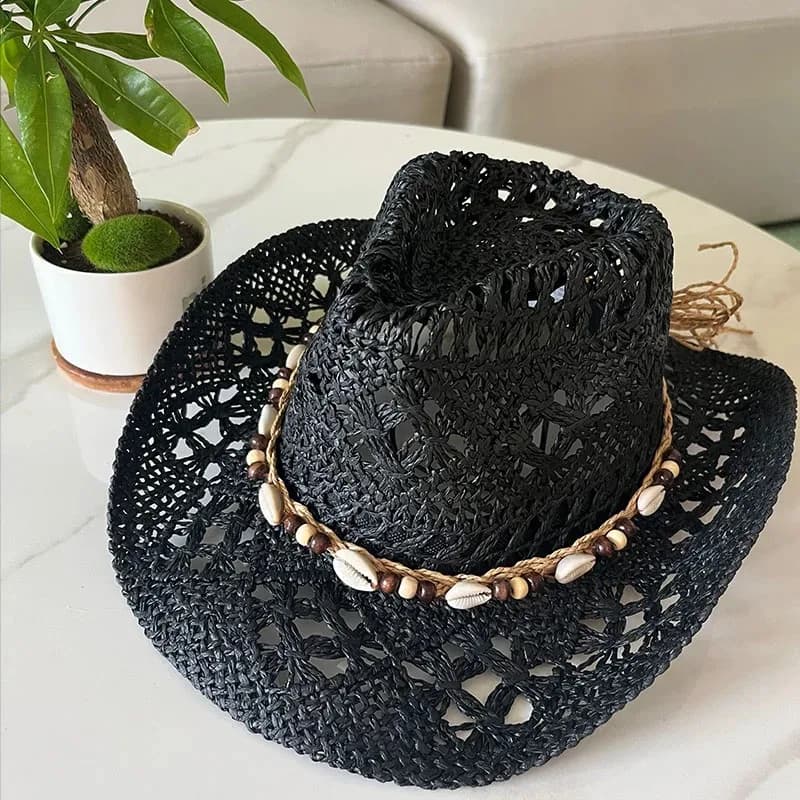 Chapeau de paille bohème d'été pour femmes et hommes, chapeaux de Cowboy de plage, perles en bois aj