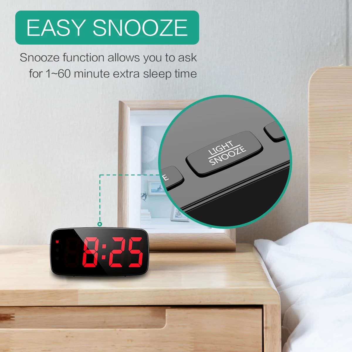 Réveil numérique ORIA avec affichage LED, commande vocale, fonction snooze, affichage de l'heure et 