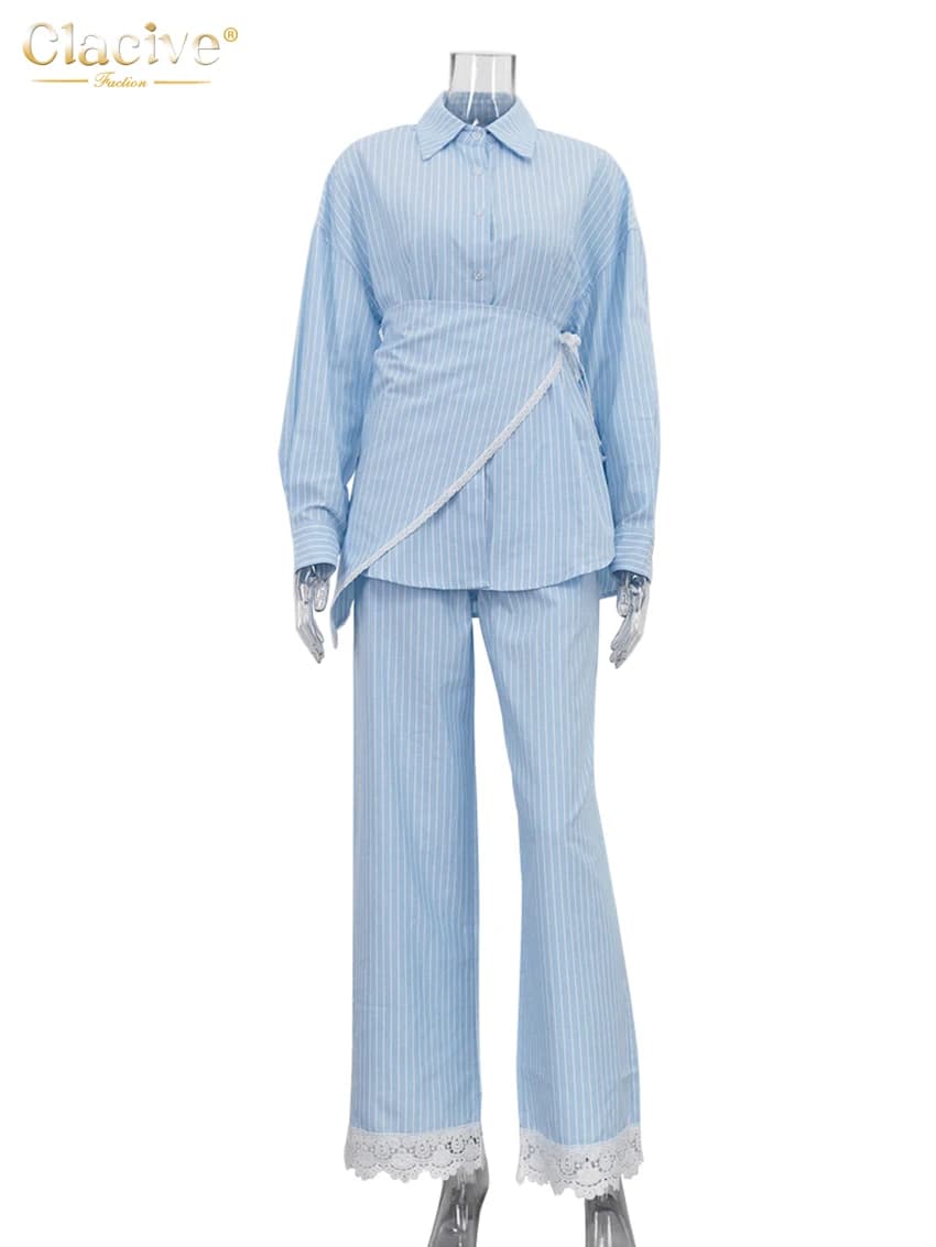 Clacive – ensemble 3 pièces ample à rayures bleues pour femmes, chemise élégante à manches longues +