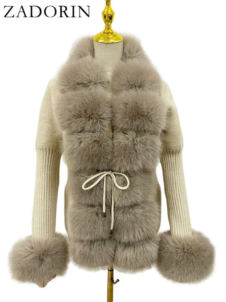 ZADORIN automne hiver femmes fausse fourrure manteau de luxe tricoté pull fourrure Cardigan col déta