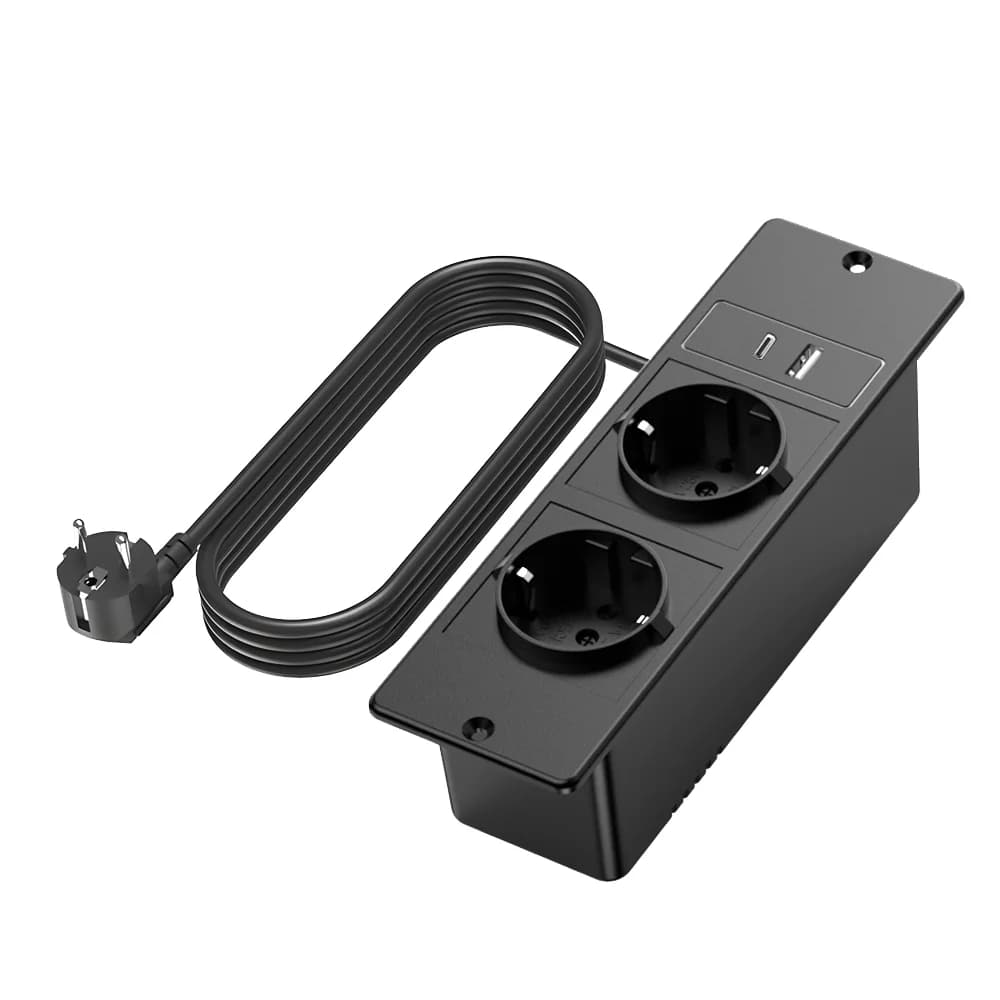 Multiprise murale noire UE avec 2 prises CA, 2 ports USB, protection contre les surtensions, station