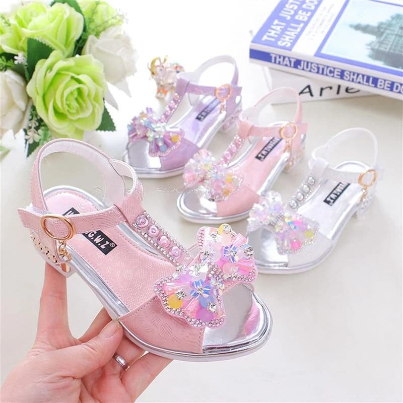 Sandales à talons plats pour filles, printemps et été, robe de princesse avec nœud, chaussures à la 