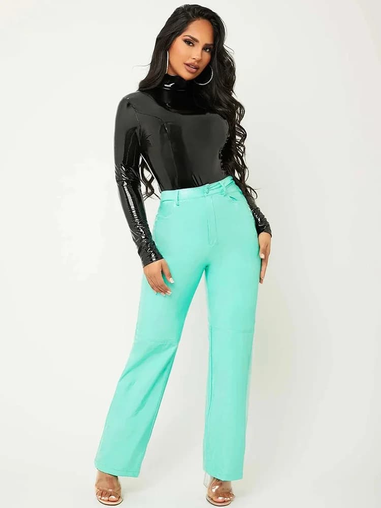 Body en Faux Latex pour femmes, col haut, manches longues, Sexy, moulant, combinaisons en PVC, exten