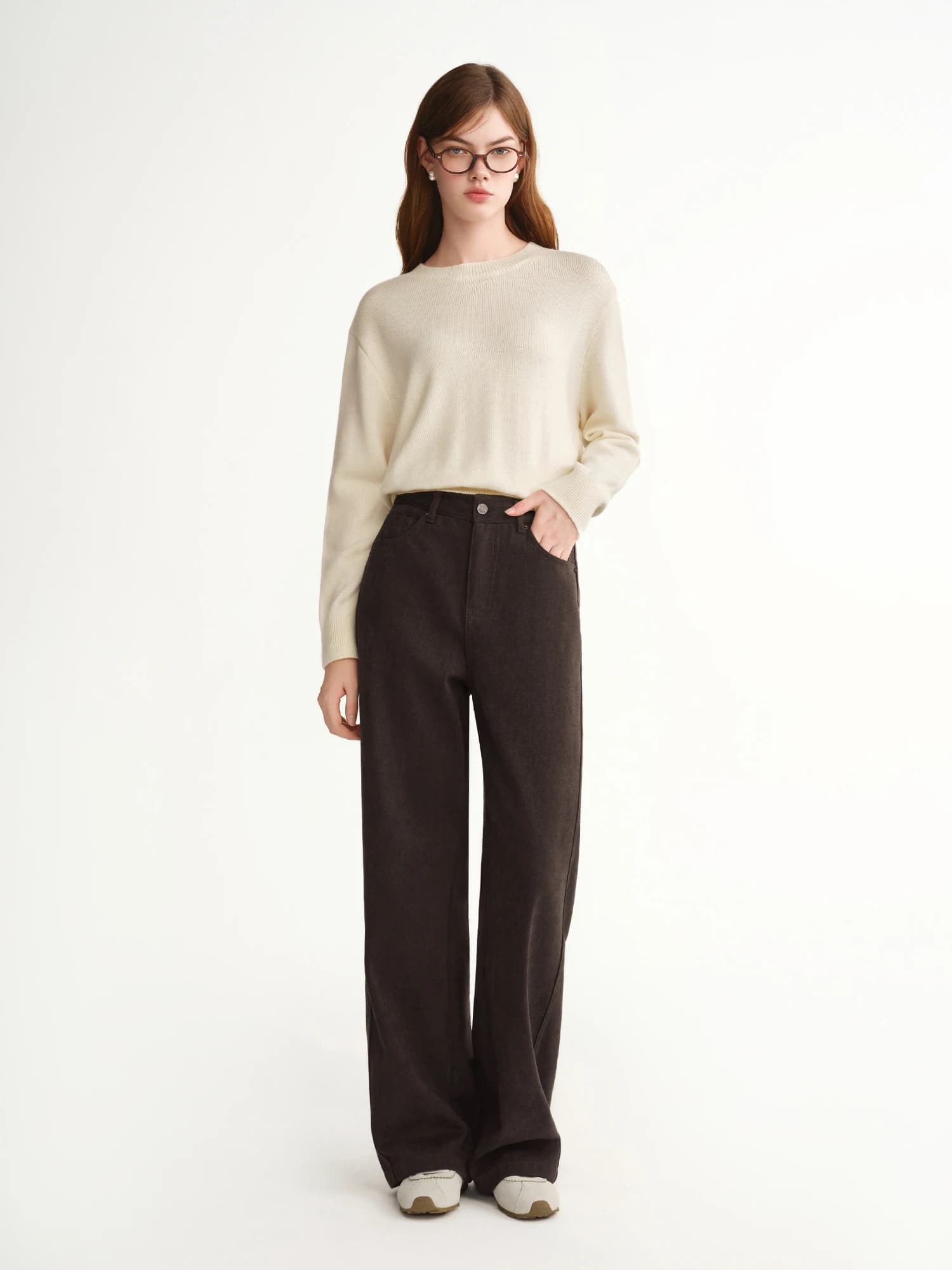 DUSHU 2025 Pantalon droit taille haute à jambes larges pour femme - Pantalon décontracté de bureau a