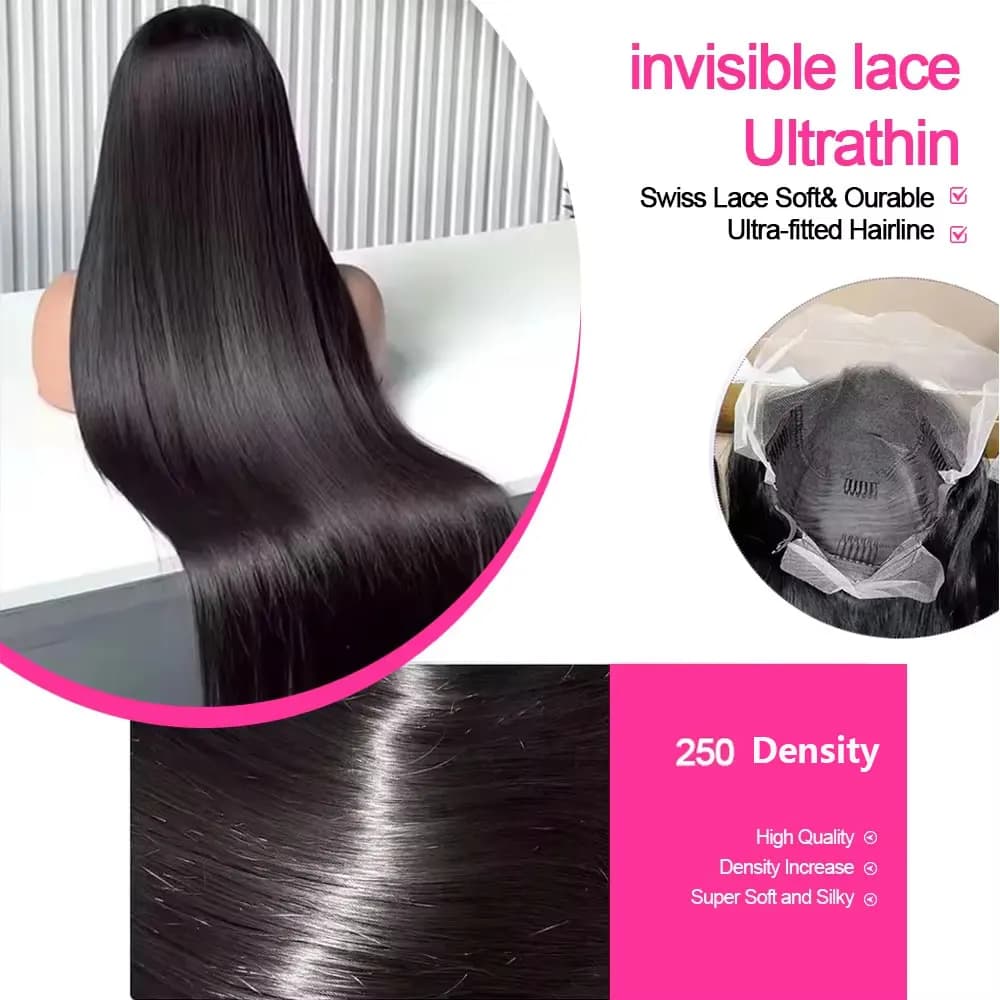 Perruque Lace Frontal Wig brésilienne naturelle, cheveux lisses, sans colle, 13x4, 13x6, HD, densité