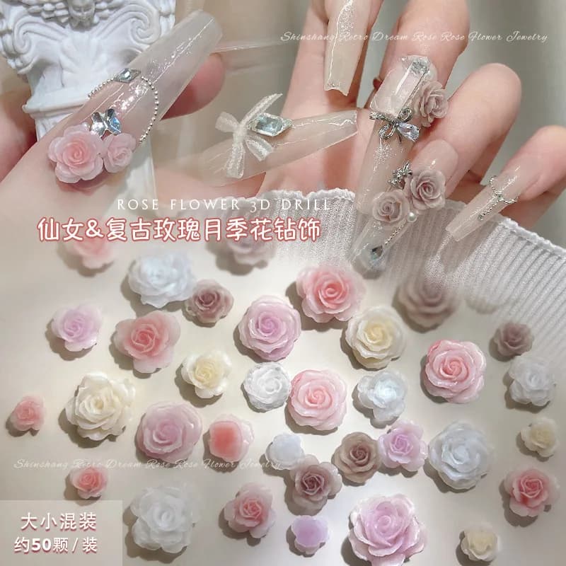 50 pièces 3D mélange de tailles belles fleurs de roses en fleurs résine adhésive Nail Art strass déc