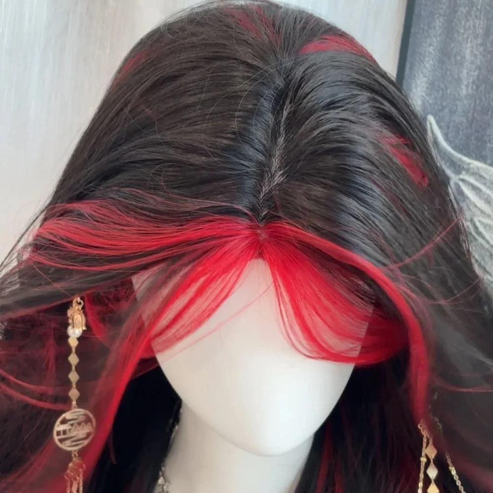 Perruque Synthétique Longue Ondulée Noire Ombrée Rouge pour Femme, Style Lolita Moelleux, Cosplay, P