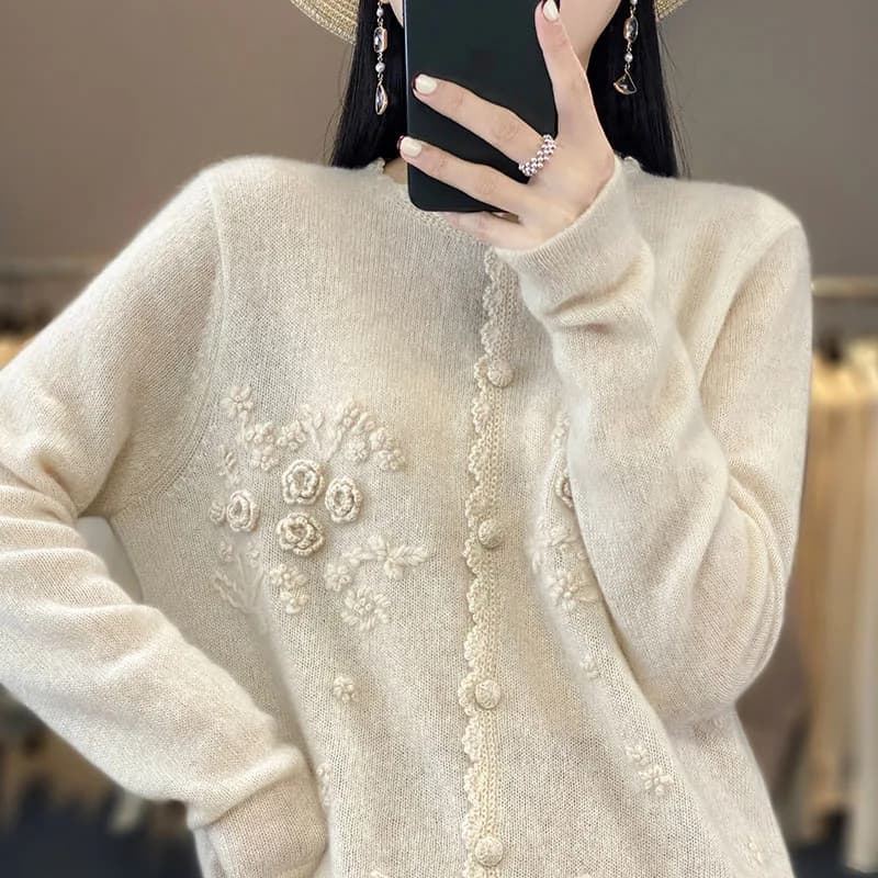 Pull en Cachemire Pur pour Femme, Cardigan à Col Rond en Dentelle, Broderie Décontractée, Veste Douc