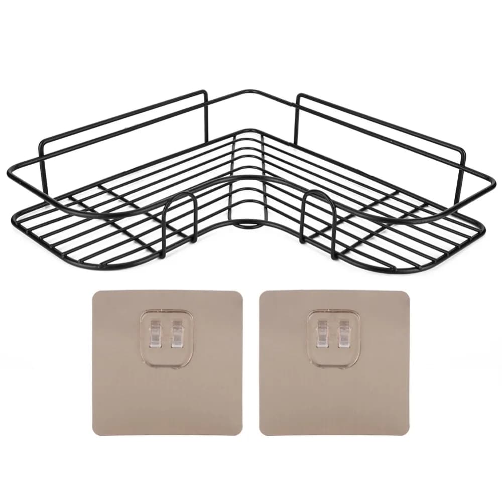 Étagère d'angle en fer noir sans perçage, support d'organisation d'angle durable, étagère de douche 