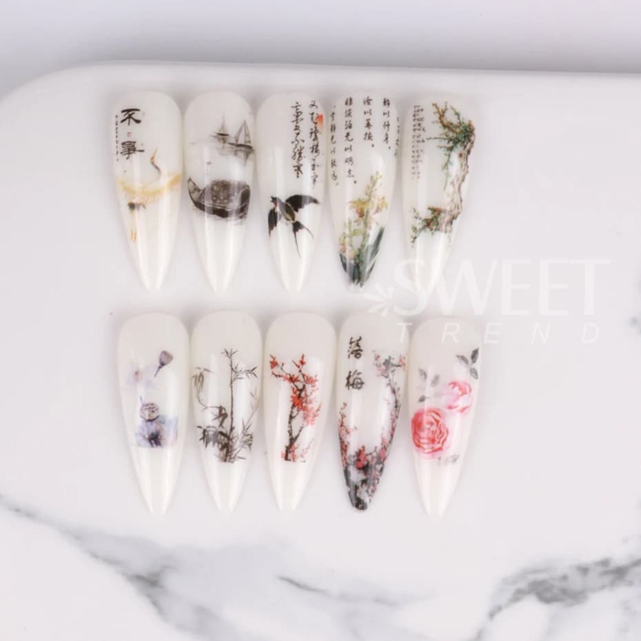 10 pièces feuilles à ongles caractère chinois grue bambou poisson fleur prune autocollant curseur tr