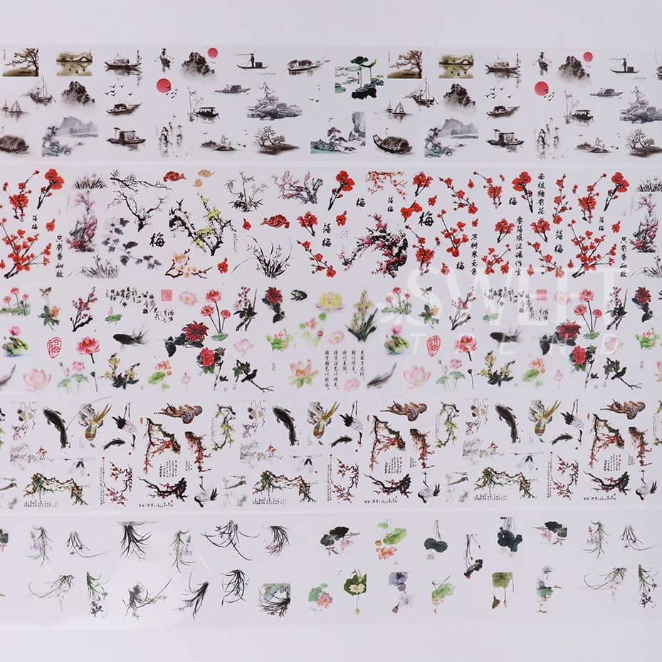 10 pièces feuilles à ongles caractère chinois grue bambou poisson fleur prune autocollant curseur tr