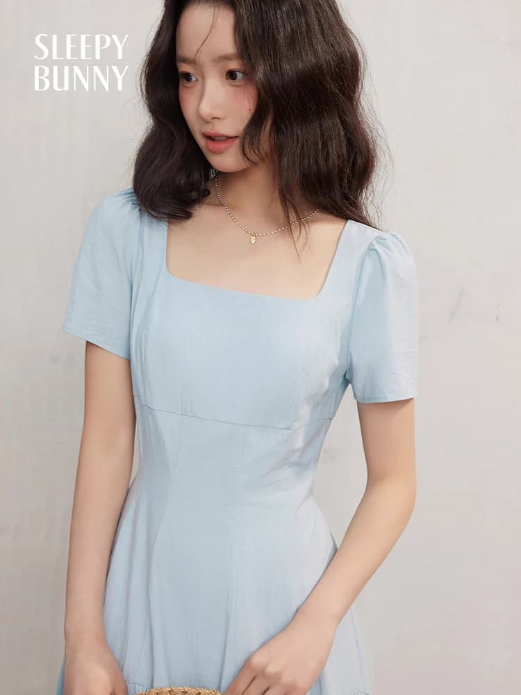 Robe longue française à manches courtes et col carré pour femmes, coupe cintrée, ligne a, Petite tai