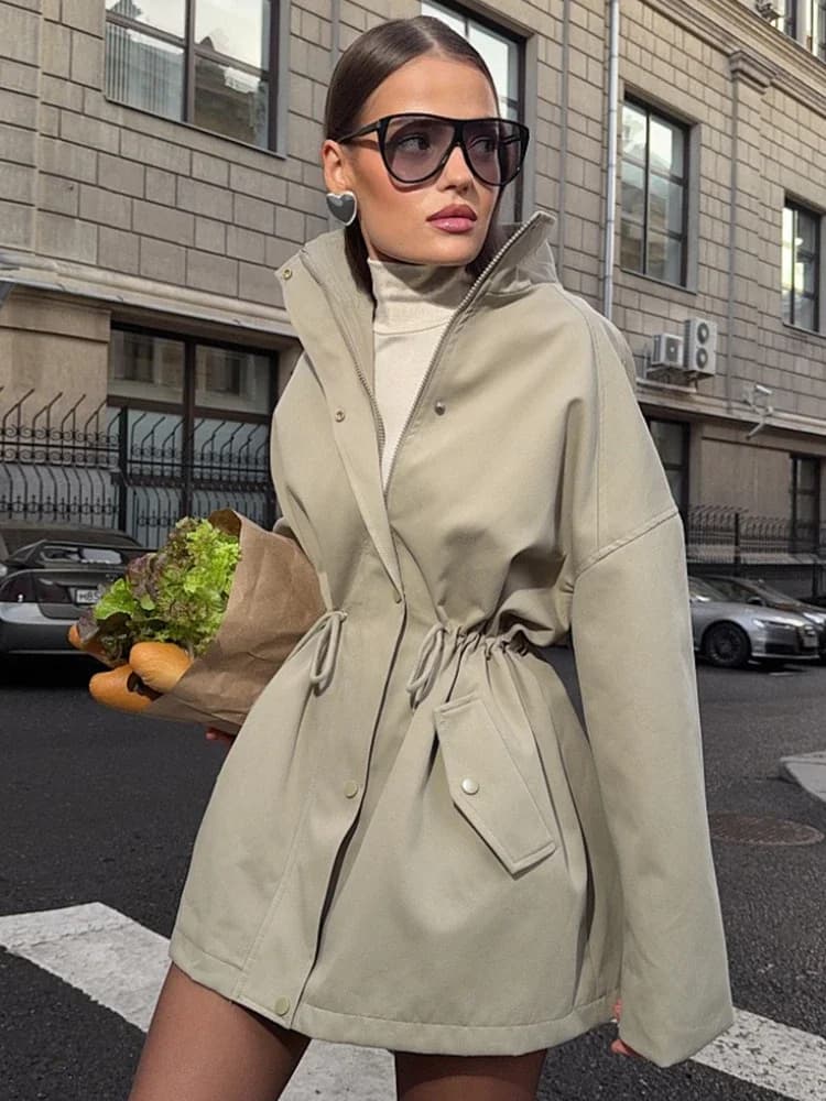 Suninheart col montant cordon taille Trench veste femme trajet manches longues décontracté femmes mi