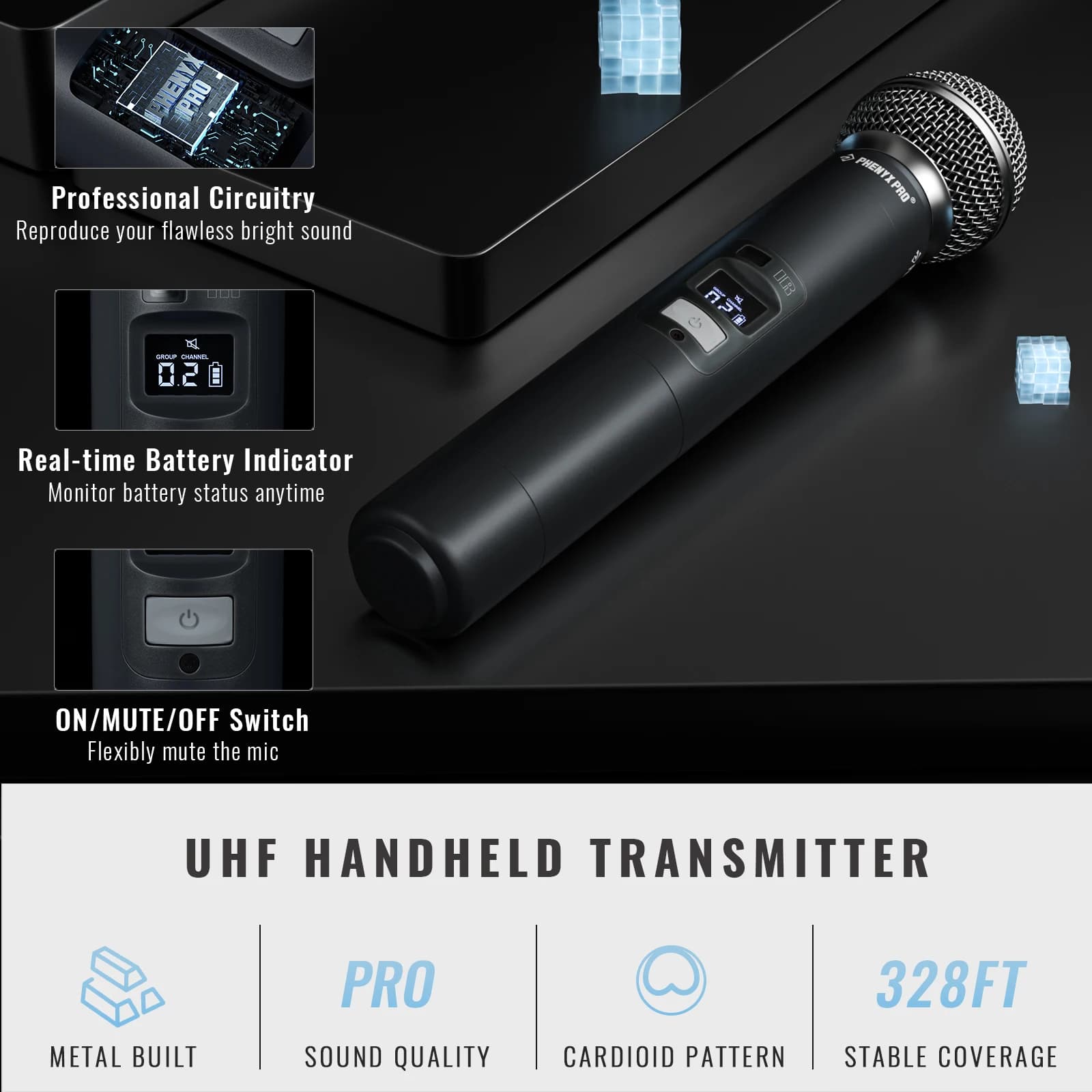 Phenyx Pro système de microphone sans fil UHF PTU-7000 avec 4x40 canaux déterminer les micros auto b