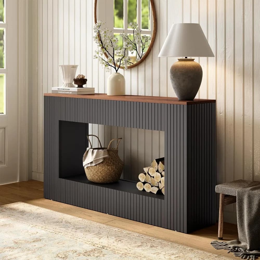 Table console noire pour entrée, table de canapé de ferme longue et étroite de 55 pouces avec rangem