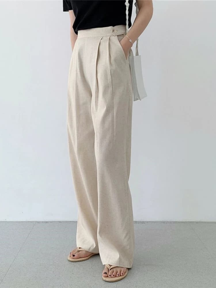 QOERLIN pantalons en lin femmes 2025 nouveau taille haute jambe large bureau dames pantalon avec poc