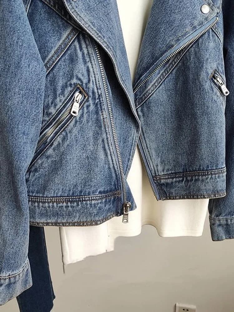 Moto fermeture éclair à manches longues veste en jean pour femmes veste en jean printemps automne fe