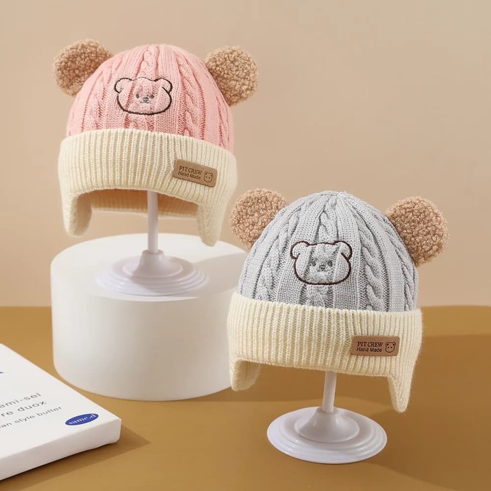 Chapeau de bébé ours mignon, Protection des oreilles, pour enfants, hiver, épais, chaud, tricoté, Ve