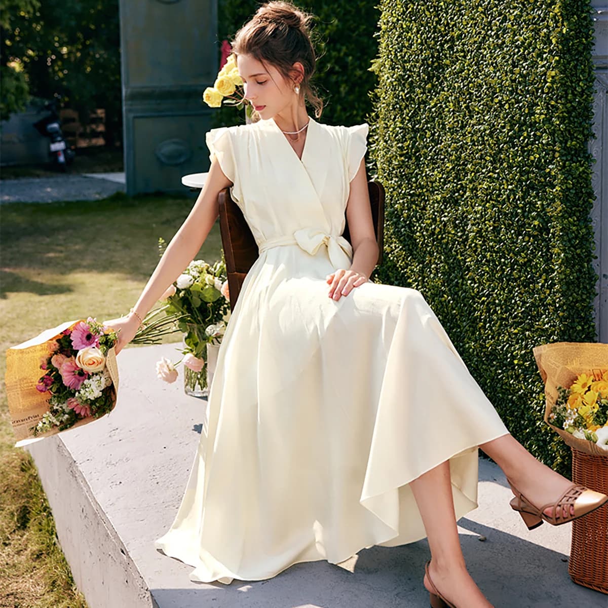 Robe longue élégante OLrain pour femme, collection été 2026, tendance, col en V, manches volantes, i