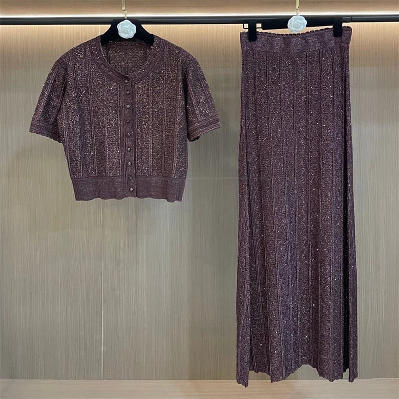 Nouvel ensemble d'été pour femme : cardigan en maille rayé à col rond et manches courtes scintillant