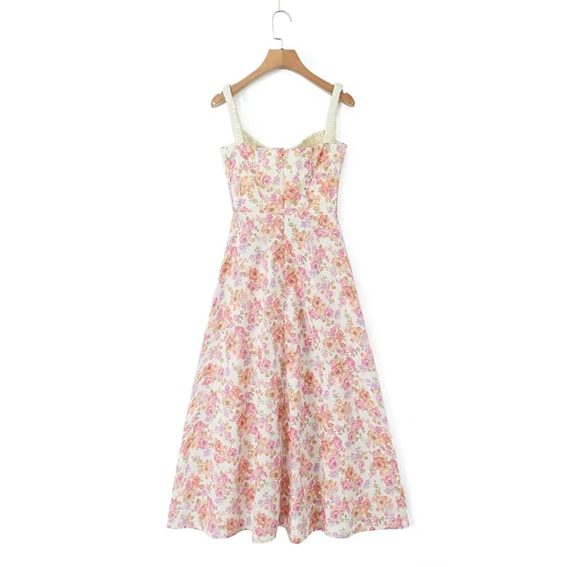 YENKYE-Robe mi-longue à imprimé floral de style français pour femmes, robe à bretelles A-ligne, fent