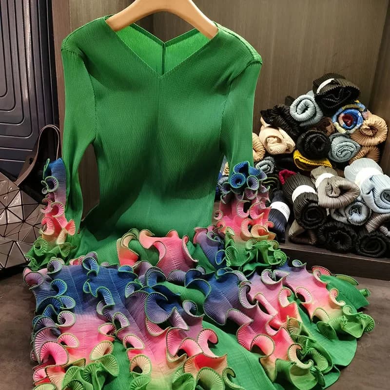 ANLAN mode col en v robe pliée pour les femmes 2025 nouveau Design de haute qualité coloré lisière f