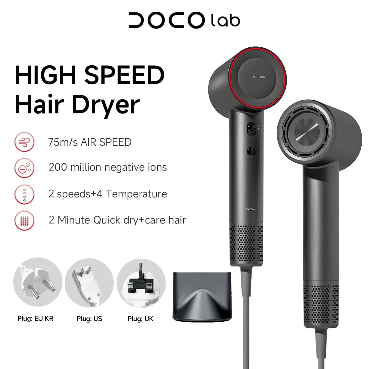 DOCO sèche-cheveux haute vitesse 75 m/s 200 millions d'ions négatifs soins capillaires 110000 tr/min